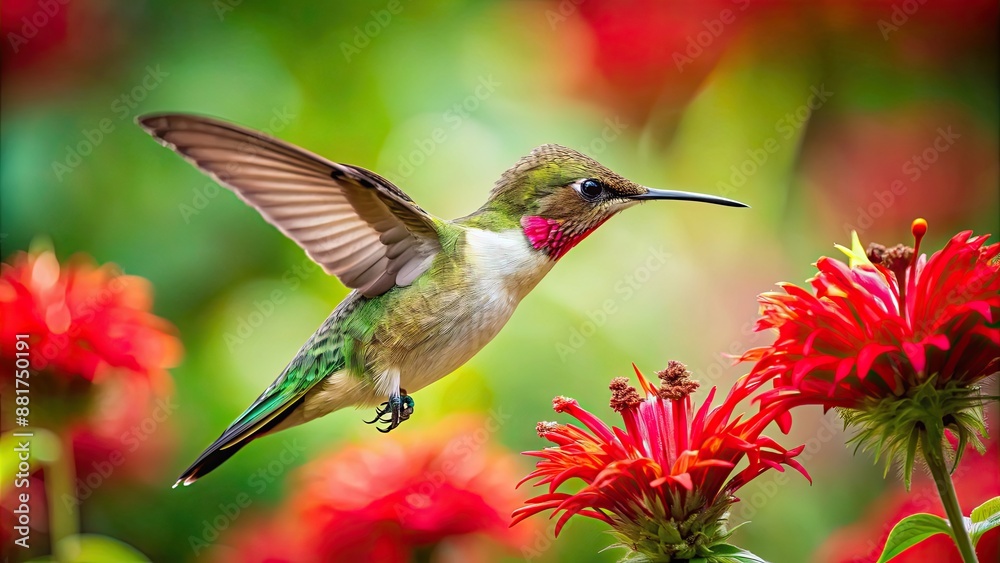 Fototapeta premium Hummingbird feeding on a red flower in a lush garden, hummingbird, red flower, lush, garden, nature, wildlife, feeding