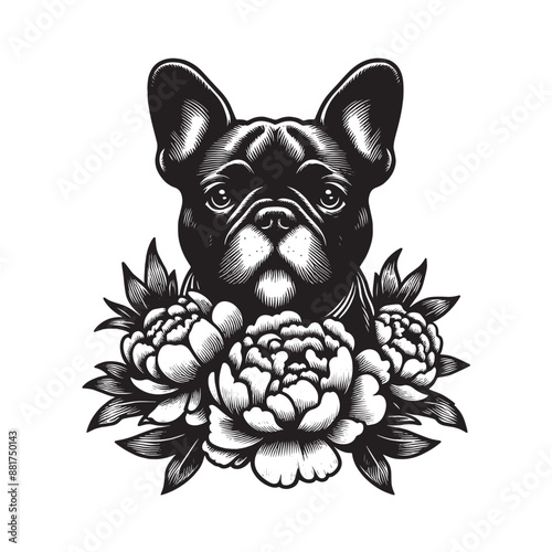 Cute French bulldog and peonies flowers. Engraved black illustration, tattoo sketch, print