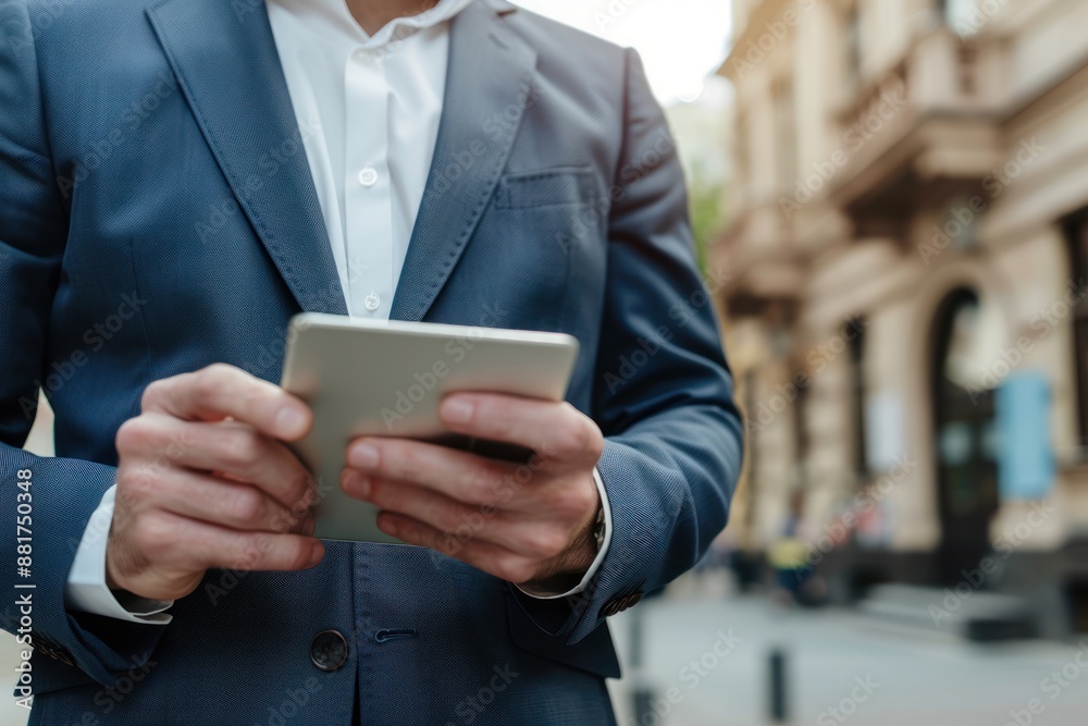Close-up man in suit with coffee cup using tablet in city street