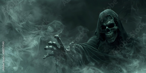 Wallpaper Mural Grim Reaper Reaching Out Through Fog   Eerie Halloween Scene with Ghostly Mist and Dark Atmosphere Torontodigital.ca