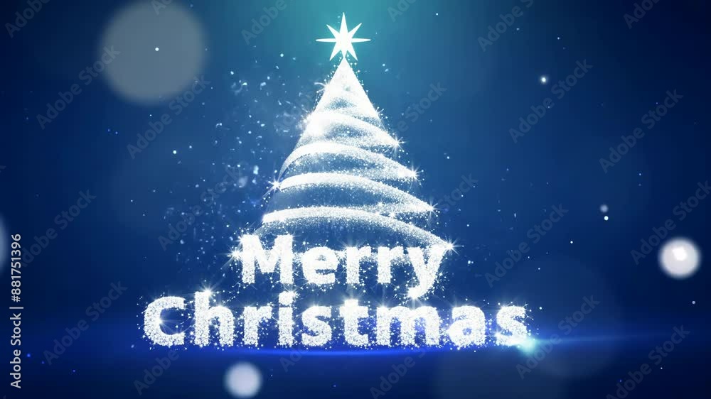 Animated Merry Christmas text with glowing tree on blue snowy background