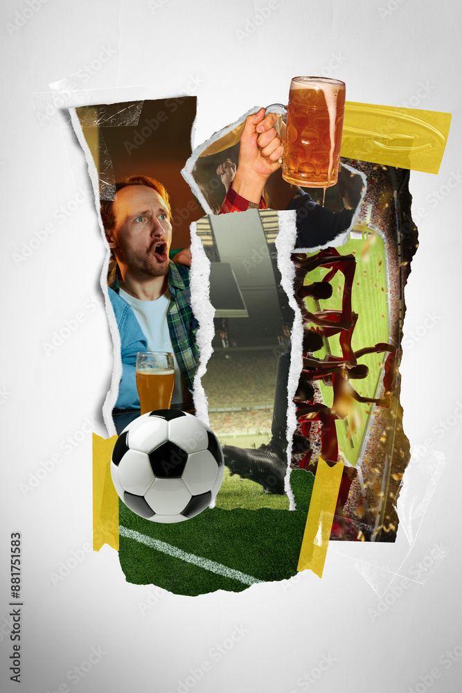 © master1305 - Dynamic collage showcasing passion of sports fans, combining elements of soccer, cheering crowds, and beer. Creative collage. Concept of sport, entertainment, event, world cup