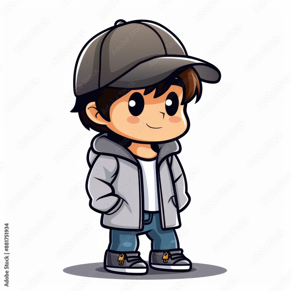 Cute chibi character illustration of a little boy in grey coat and blue jeans on a white background. Cute chibi character illustration of a little boy in grey coat and blue jeans on a white background.