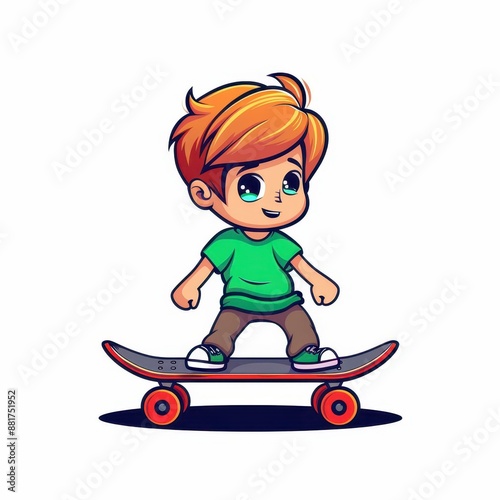 Cute chibi character in sportswear on skateboard. Vector illustration isolated on white background.