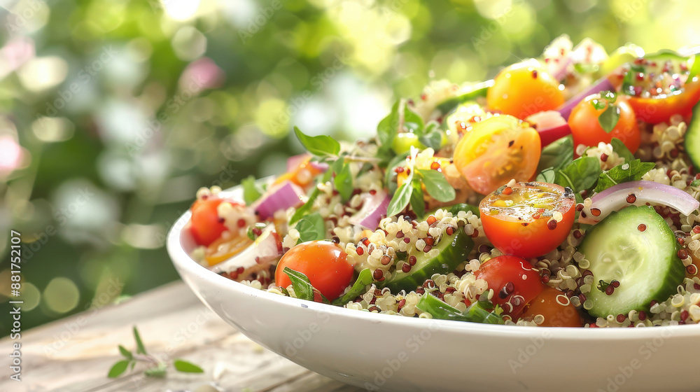 Vibrant Quinoa Salad with Cherry Tomatoes, Cucumbers, and Lemon Vinaigrette on Wooden Table in Sunny Patio Setting Vibrant Quinoa Salad with Cherry Tomatoes, Cucumbers, and Lemon Vinaigrette on Wooden Table in Sunny Patio Setting
