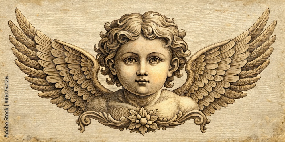 ภาพประกอบสต็อก Engraving of a winged cherub from the 1800s, cherub ...