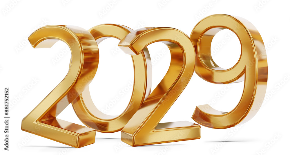 golden 2029 metallic symbol, gold color glossy, isolated, number of year as the new year 2029
