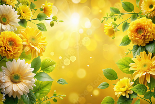 Vibrant yellow background with beautiful blooming flowers, delicate petals and lush green leaves, providing ample space for text or logo placement and creative design.