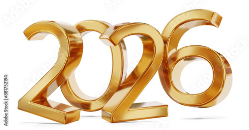 golden 2026 metallic symbol, gold color glossy, isolated, number of year as the new year 2026 photo