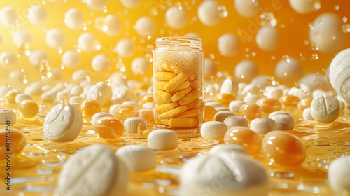 Assorted Medication Capsules and Tablets in Bright Yellow Background - Generative AI photo