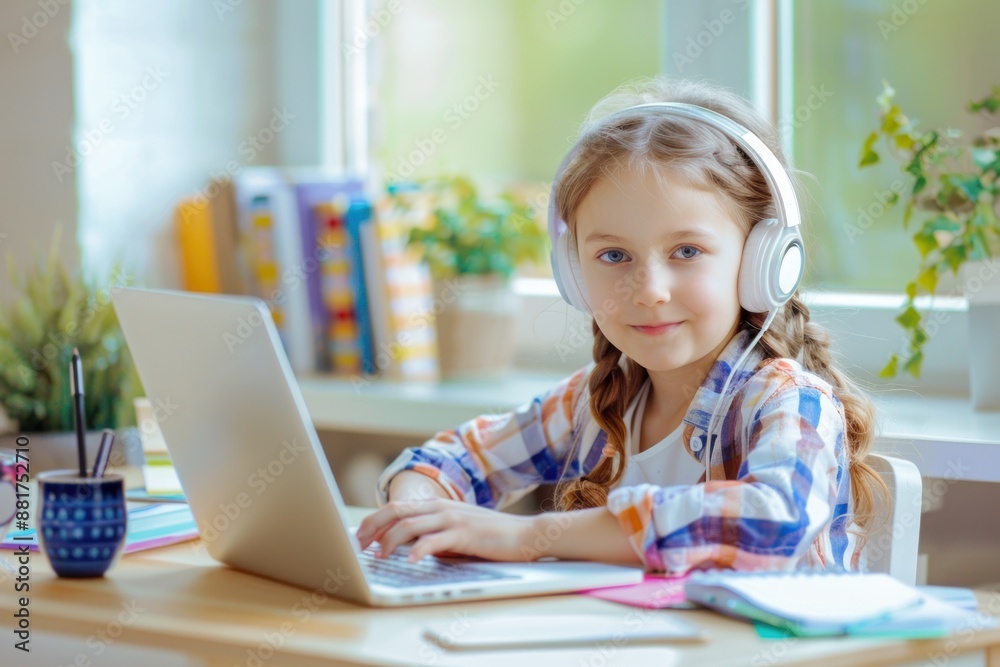 E-Learning. Happy Schoolgirl Studying Online Using Laptop Wearing Headphones, Sitting At Desk
