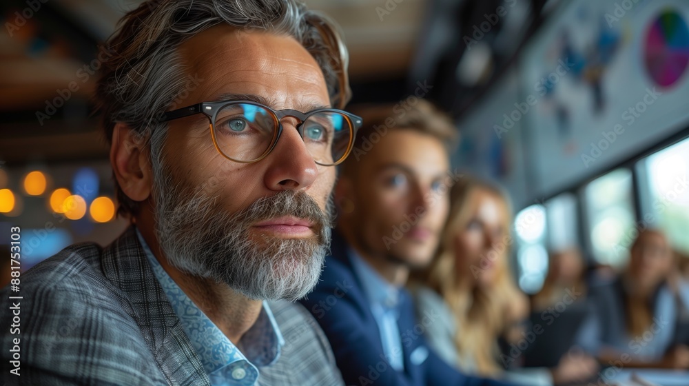 Focused Businessman in Conference Room. Mature businessman in glasses attentively listening during a business meeting in a modern conference room. Focused Businessman in Conference Room. Mature businessman in glasses attentively listening during a business meeting in a modern conference room.