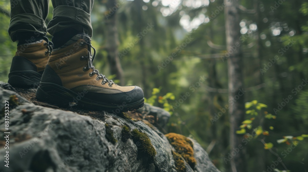 A close-up of a hiker's boots on a rocky outcrop in a forest, emphasizes the rugged and adventurous nature of hiking. Ideal for promoting hiking gear, forest exploration, and outdoor activities A close-up of a hiker's boots on a rocky outcrop in a forest, emphasizes the rugged and adventurous nature of hiking. Ideal for promoting hiking gear, forest exploration, and outdoor activities