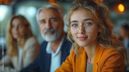 Confident Young Professional in Meeting. Young professional woman in glasses confidently participating in a business meeting with colleagues in the background.