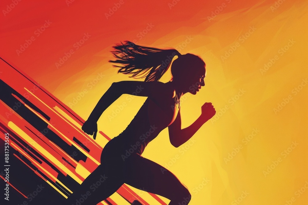Female Runner Silhouette on Red and Yellow Background - Minimalistic Track Running Event Design Female Runner Silhouette on Red and Yellow Background - Minimalistic Track Running Event Design