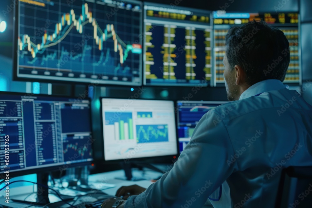 Financial analyst or traders working on computer with real-time stocks and exchange market charts Financial analyst or traders working on computer with real-time stocks and exchange market charts