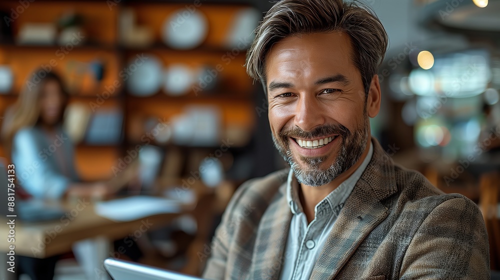 Confident Businessman with Tablet. Confident businessman holding a tablet and smiling, with a modern office setting and a colleague working in the background. Confident Businessman with Tablet. Confident businessman holding a tablet and smiling, with a modern office setting and a colleague working in the background.