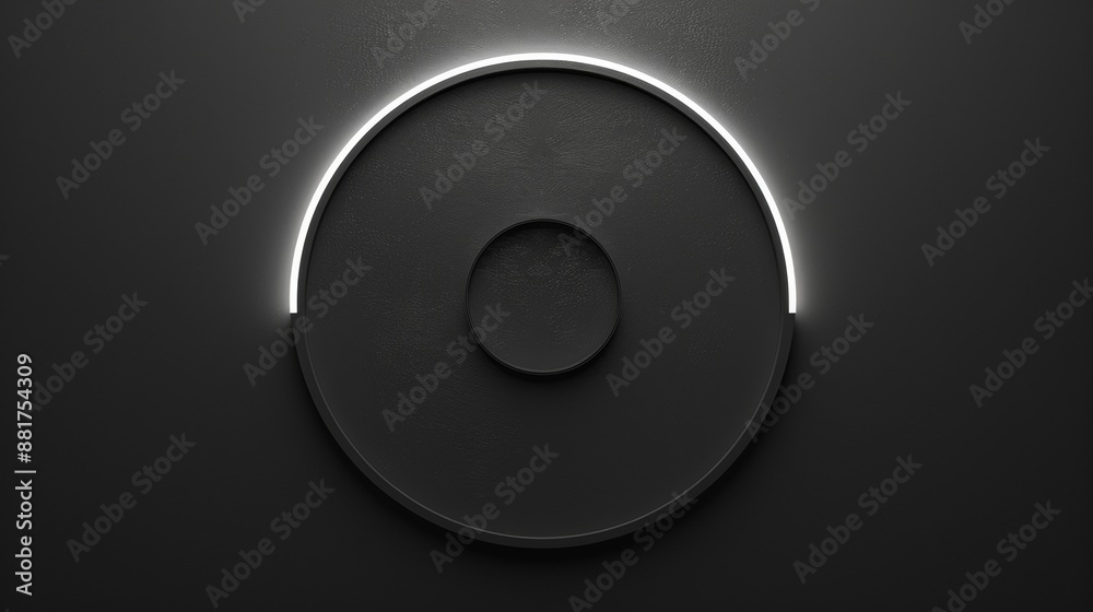 A White Neon Light Circle on a Black Wall in a Modern Interior A White Neon Light Circle on a Black Wall in a Modern Interior