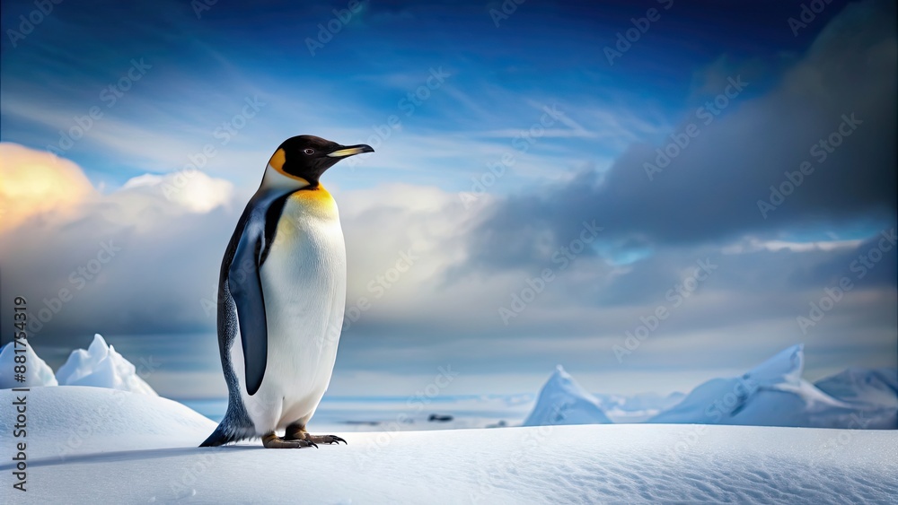 Obraz premium Penguin standing on snow in a snowy landscape, penguin, snow, winter, cold, Antarctic, bird, fluffy, arctic, nature, wildlife, ice