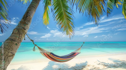 Hammock Swinging A colorful hammock hangs between two palm trees on a pristine white sand beach. Crystal clear turquoise waters gently coast along the shore.