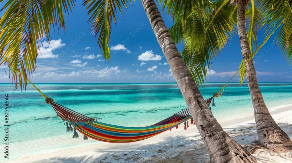 Fototapeta premium Hammock Swinging A colorful hammock hangs between two palm trees on a pristine white sand beach. Crystal clear turquoise waters gently coast along the shore.