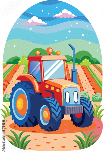 Tractor in a field farm, flat illustration, vector illustration.