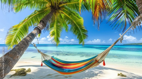 Fototapeta Naklejka Na Ścianę i Meble -  Hammock Swinging A colorful hammock hangs between two palm trees on a pristine white sand beach. Crystal clear turquoise waters gently coast along the shore.