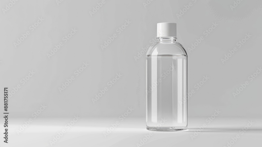 Clear PET bottle for antiseptic packaging versatile design for cosmetics and medical items White background with space for text ideal for banners Clear PET bottle for antiseptic packaging versatile design for cosmetics and medical items White background with space for text ideal for banners