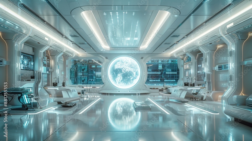 Futuristic Space Station Control Room with Holographic Display - Generative AI Futuristic Space Station Control Room with Holographic Display - Generative AI