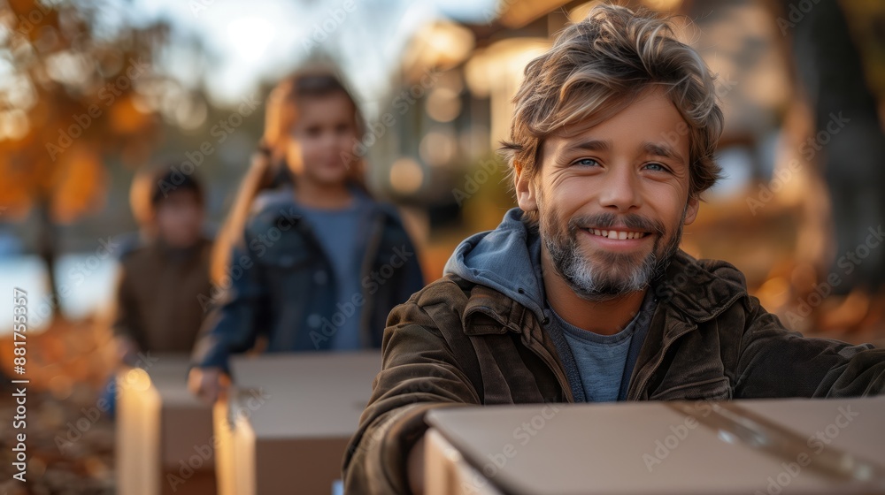 Man and children moving boxes outdoors in autumn. Man and children moving boxes outdoors in an autumn setting, enjoying the process amidst fall foliage and cool weather. Man and children moving boxes outdoors in autumn. Man and children moving boxes outdoors in an autumn setting, enjoying the process amidst fall foliage and cool weather.