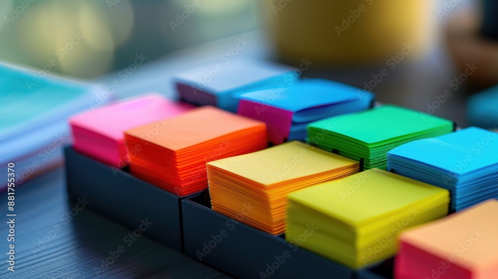 Close up shot of colourful sticky notes with holder case Close up shot of colourful sticky notes with holder case