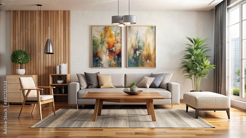 Fototapeta premium Living room with modern chair, wooden table, and abstract art on the wall, furniture, interior design, home decor