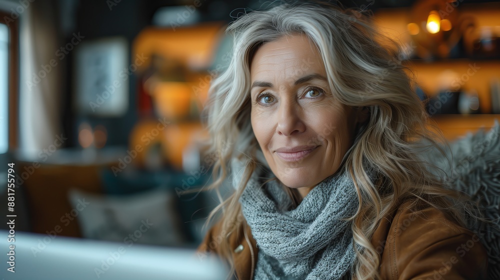 Woman Relaxing at Home with Scarf. Woman relaxing at home, wearing a scarf and a warm sweater, in a softly lit, cozy room.