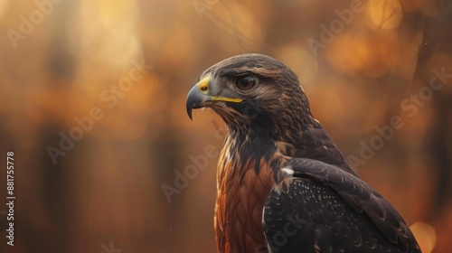 Close up profile shot of harris s hawk with brown bokeh background photo