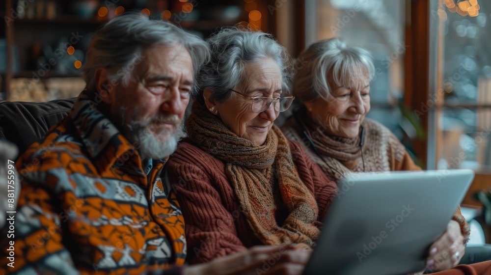 Three Seniors Using Laptop Together. Three senior friends sitting together, sharing a moment using a laptop in a cozy, warmly lit room. Three Seniors Using Laptop Together. Three senior friends sitting together, sharing a moment using a laptop in a cozy, warmly lit room.