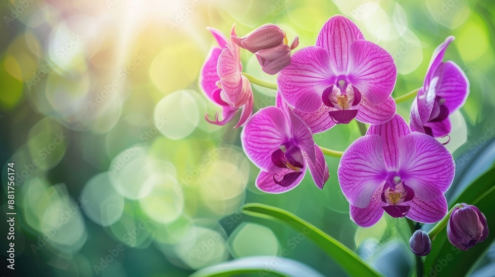 Close up Pink or Lilac Orchids in Asparagales Family Orchid and Buds on Green Background Close up Pink or Lilac Orchids in Asparagales Family Orchid and Buds on Green Background