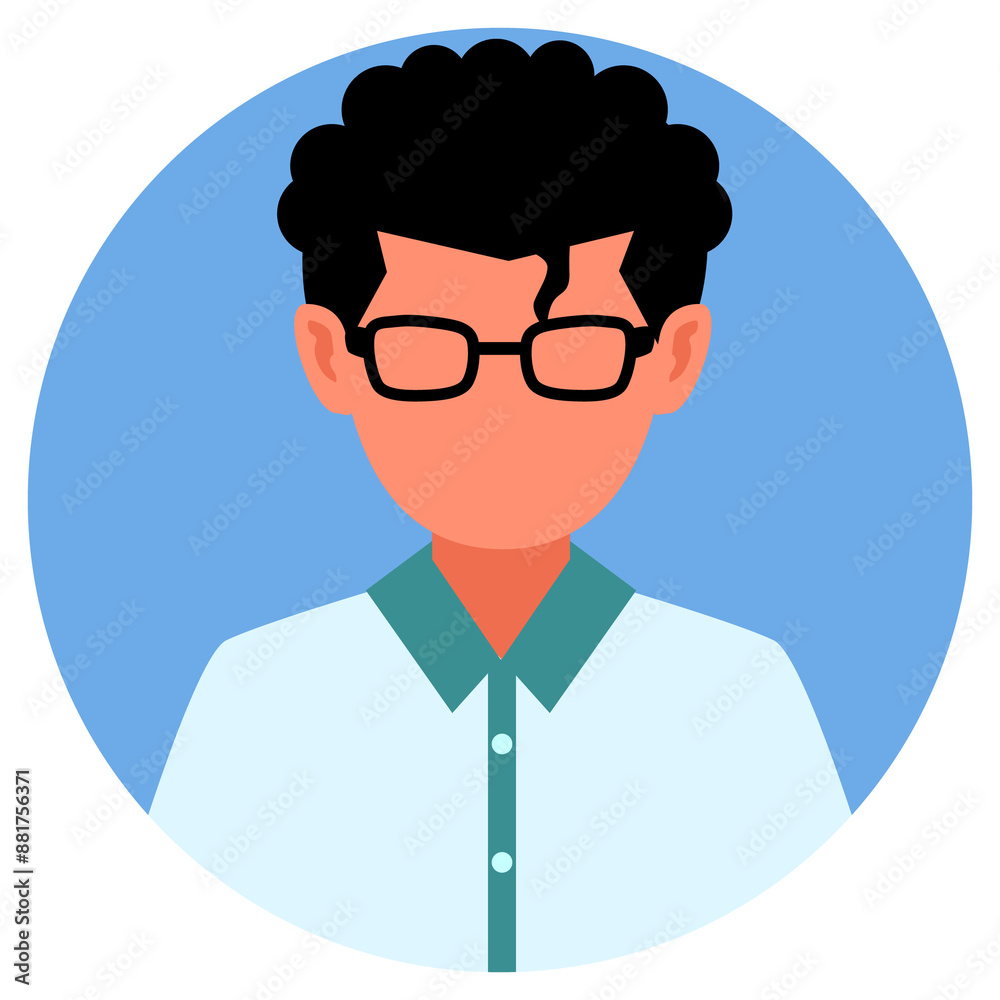 flat icon avatar. no face and with blue shirt. Glasses boy curly hair. for student or office profile picture with blue circle border flat icon avatar. no face and with blue shirt. Glasses boy curly hair. for student or office profile picture with blue circle border
