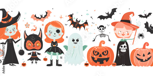 Wallpaper Mural Adorable Halloween Characters Cute Witches, Ghosts, Pumpkins, and Bats in a Fun and Festive Illustration for Kids Torontodigital.ca