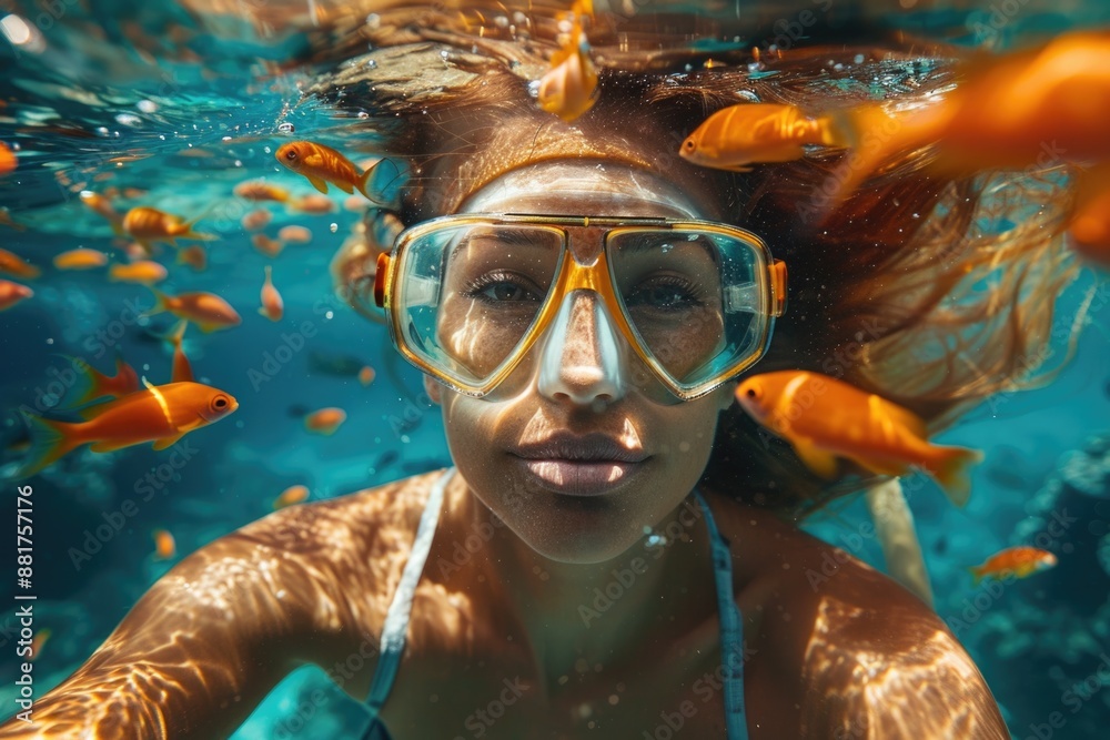 Naklejka premium beautiful woman snorkeling underwater. ai generated