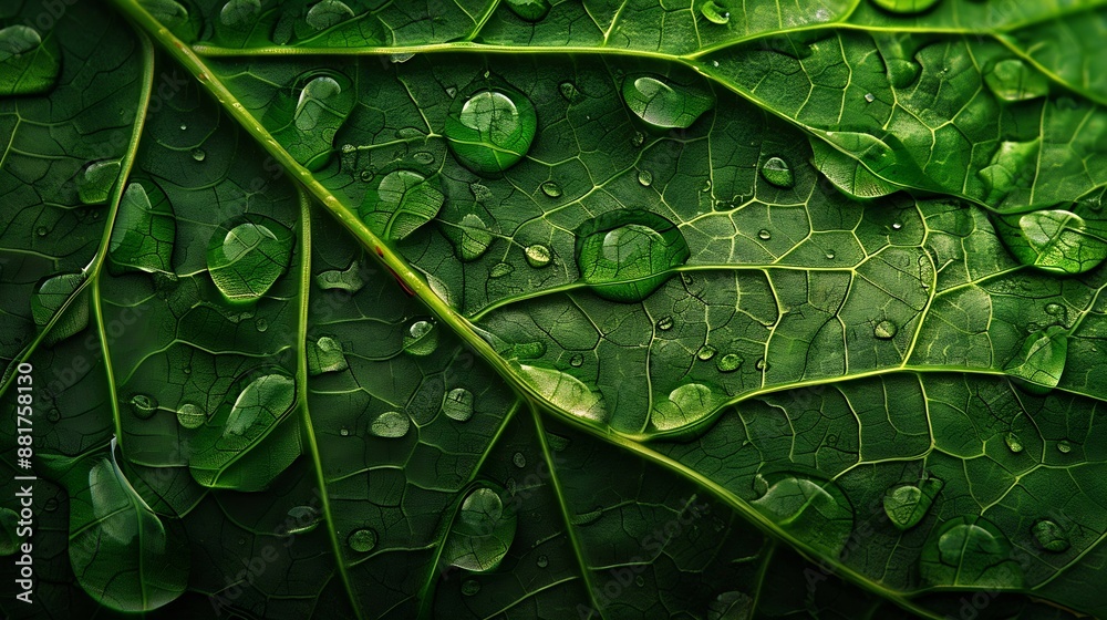Fototapeta premium Macro leaves and water dropsBeautiful green leaf texture with drops of waterClose up photo of water drops on a green leaf : Generative AI
