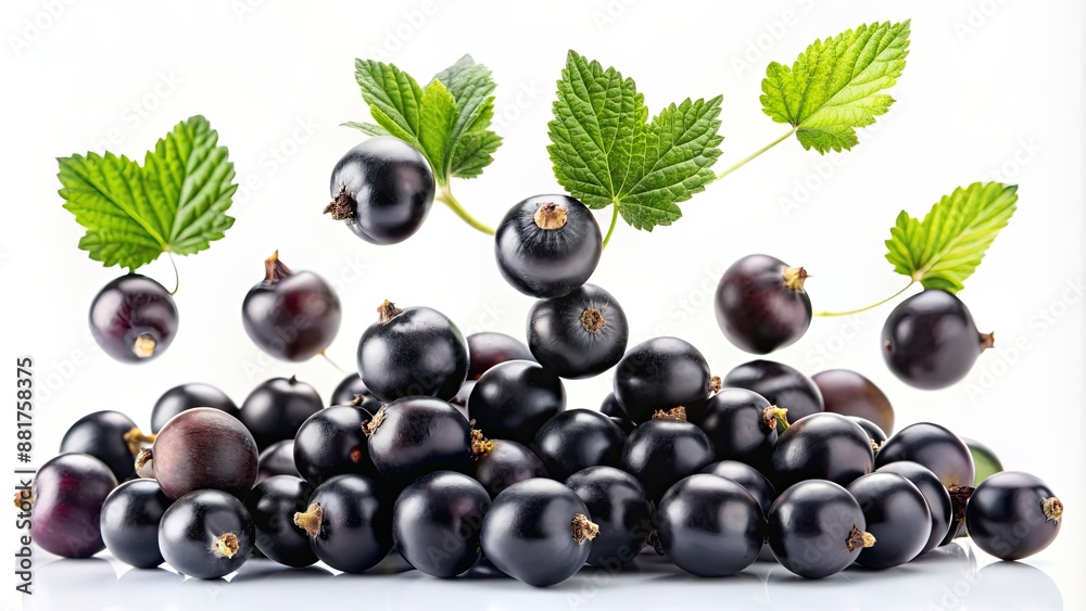 Falling black currant berries isolated on white background, berries, black currant, falling, ripe, fresh, juicy, organic, harvest Falling black currant berries isolated on white background, berries, black currant, falling, ripe, fresh, juicy, organic, harvest