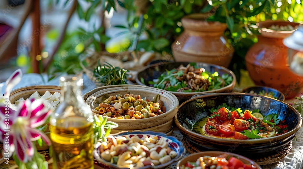 Colorful array of Mediterranean dishes with olive oil, nuts, and leafy greens on a seaside patio table Colorful array of Mediterranean dishes with olive oil, nuts, and leafy greens on a seaside patio table