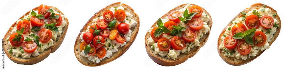 Dakos, dried bread with cheese and tomatoes, top view transparent background PNG file Dakos, dried bread with cheese and tomatoes, top view transparent background PNG file