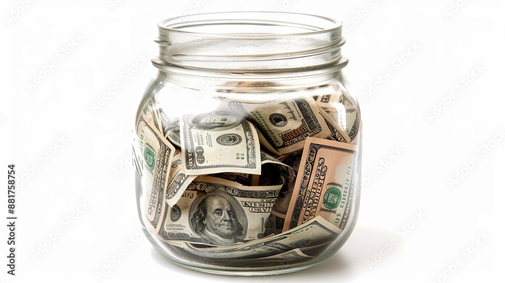 One hundred dollar bills in a glass jar, white background One hundred dollar bills in a glass jar, white background