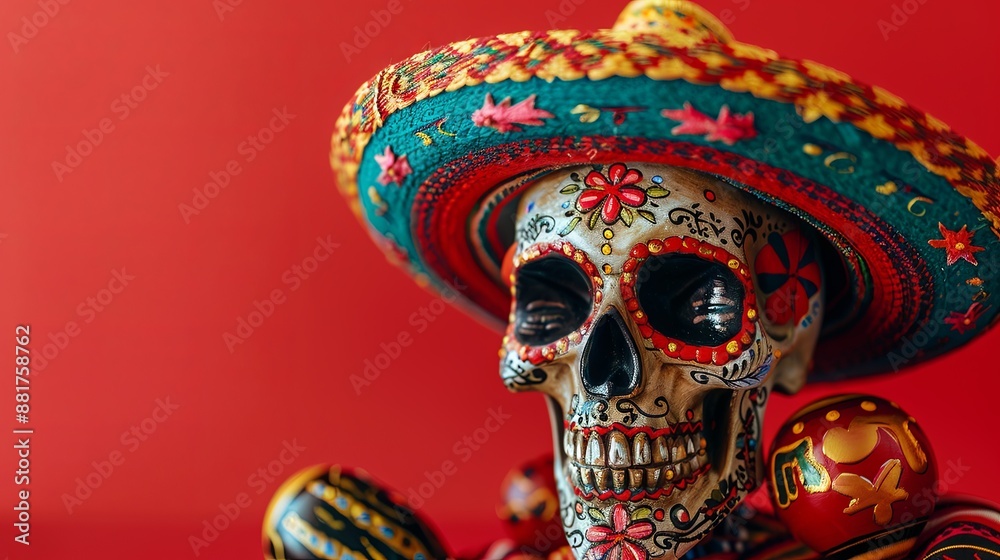 Naklejka premium Painted human skull for Mexico's Day of the Dead (El Dia de Muertos) adorned with a sombrero and maracas against a red background
