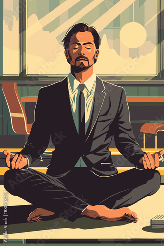 Focused businessman meditating, concentrating on business goals and eliminating distractions