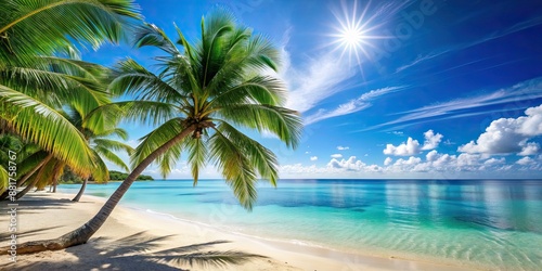 Fototapeta Naklejka Na Ścianę i Meble -  Sunny beach and sea landscape with palm trees and clear blue water , vacation, island, tropical, paradise, relaxation, travel, summer