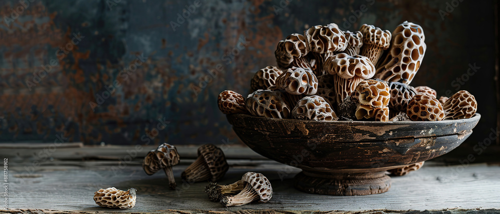 Morel-mushrooms forming an enchanting arrangement on a very dark rustic wooden tabletop. Morel-mushrooms forming an enchanting arrangement on a very dark rustic wooden tabletop.