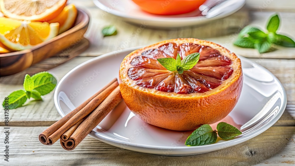 Roasted grapefruit with honey and cinnamon on a white plate, roasted, grapefruit, citrus, fruit, food, dessert, healthy, breakfast