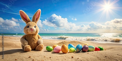 Osterhase enjoying the beach on a sunny day with Easter eggs scattered around , Osterhase, Meer, Ostereier, Urlaub, Ostern, Fr?hling photo